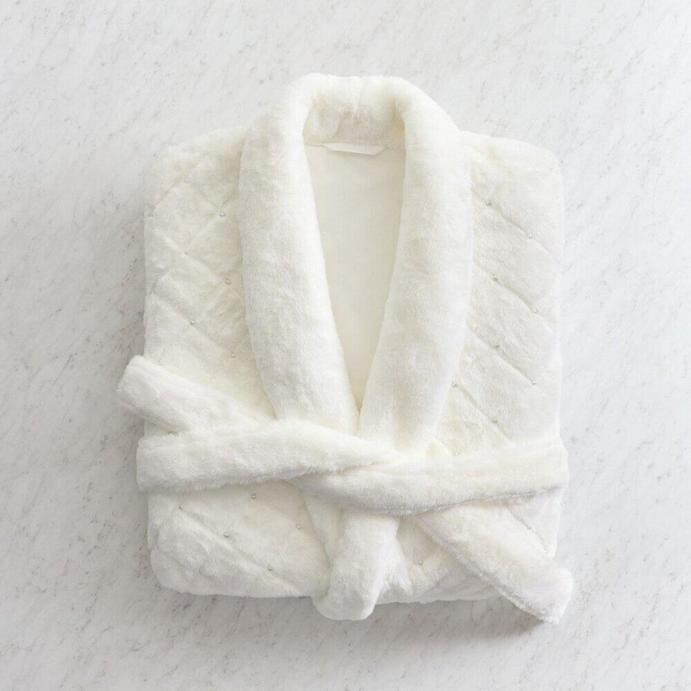 LoveShackFancy Pearl Robe White Pockets Belted Poly Fur Beaded Size Small NEW
